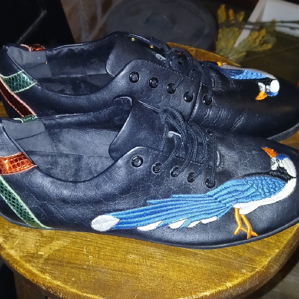 Gucci Black Leather Sneakers with Blue Bird Embroidery
